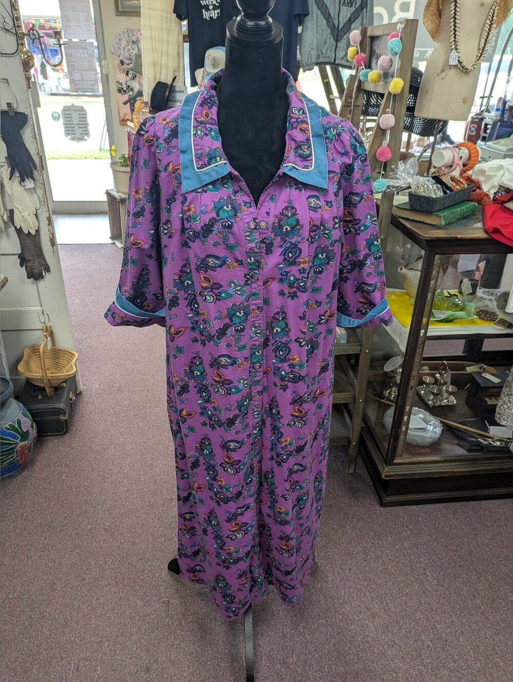 Vintage 1980s Model Coat Purple Floral Button-Front Maxi Dress with Blue Trim